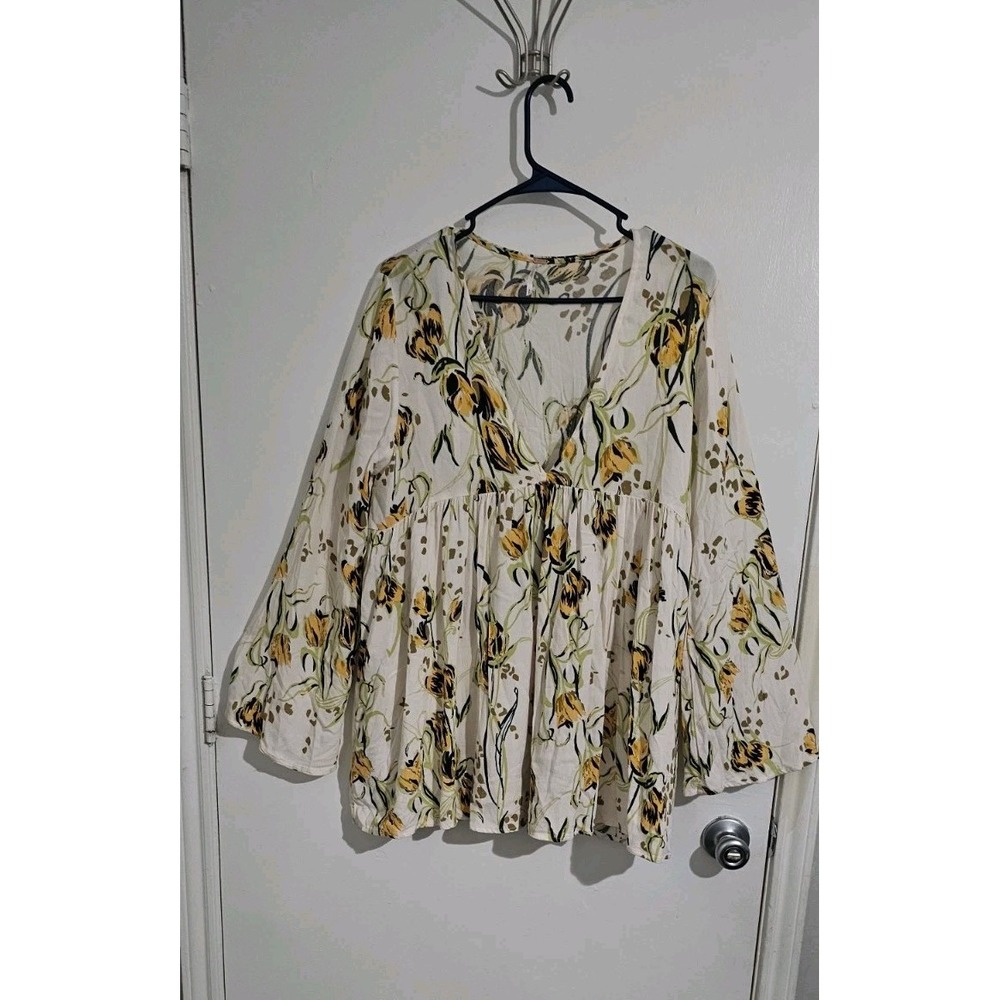 Free People Bella Floral Swing Dress Bell Sleeve Small Yellow Artsy Coastal